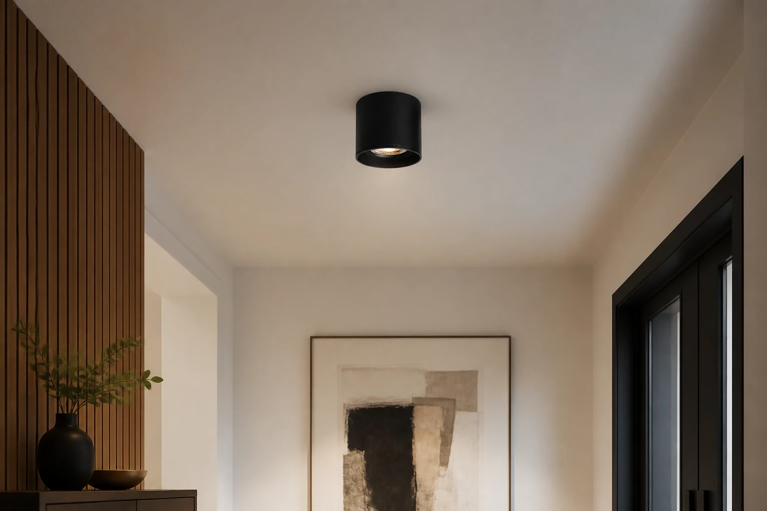 Futurystyczna pierścieniowa lampa sufitowa D779 pokazana w stylu pokoju lifestylowego