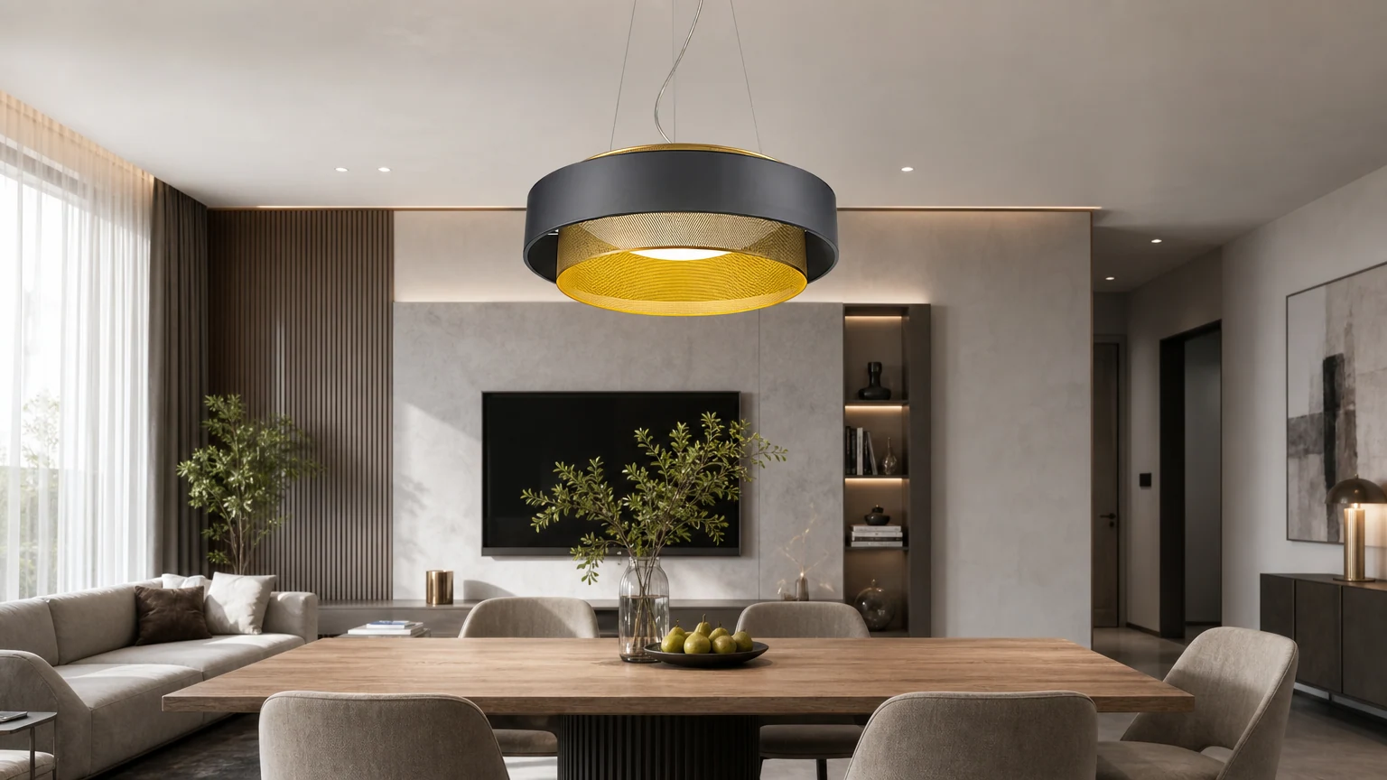 Nowoczesna lampa wisząca Metal Circle M449 zainstalowana w ciepłym wnętrzu