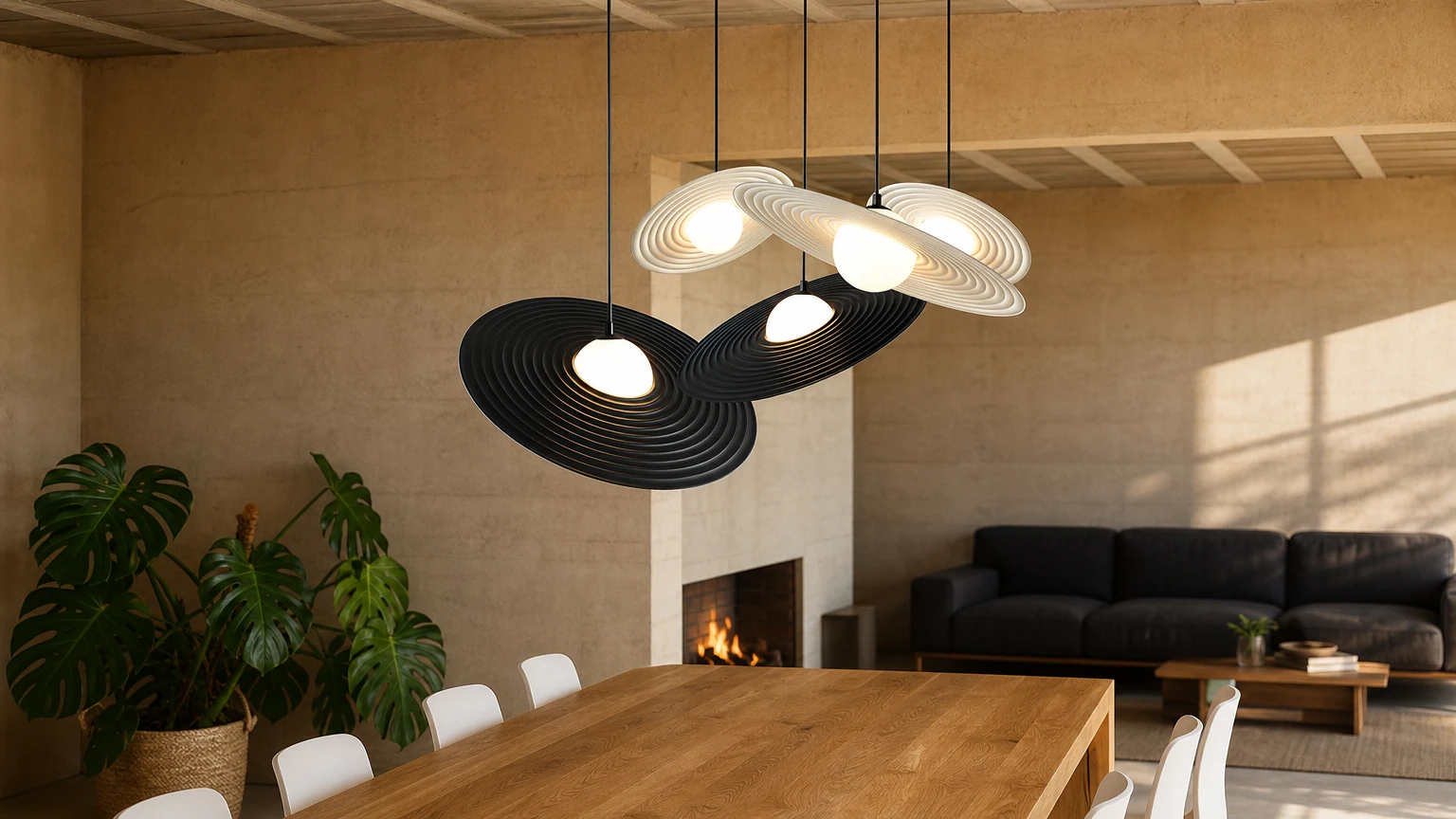 Kreatywna lampa wisząca w kształcie dysku M47 w ciepłym wnętrzu jadalni