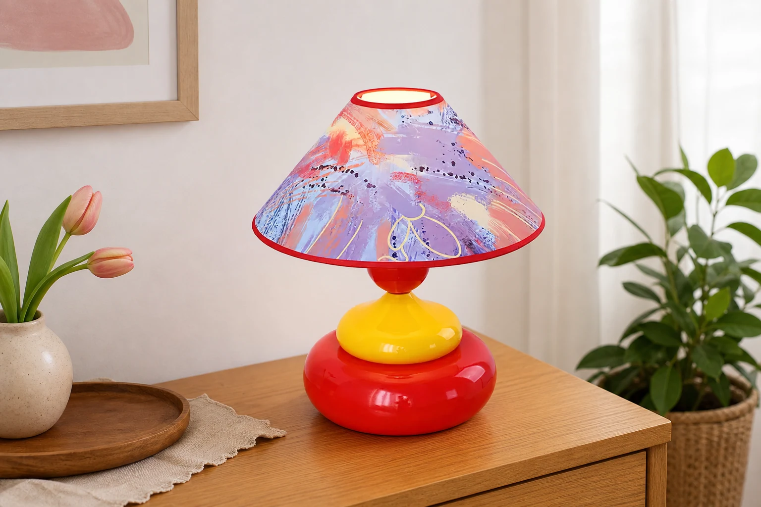 Kolorowa, ułożona w stos lampa stołowa stylizowana na domową scenerię
