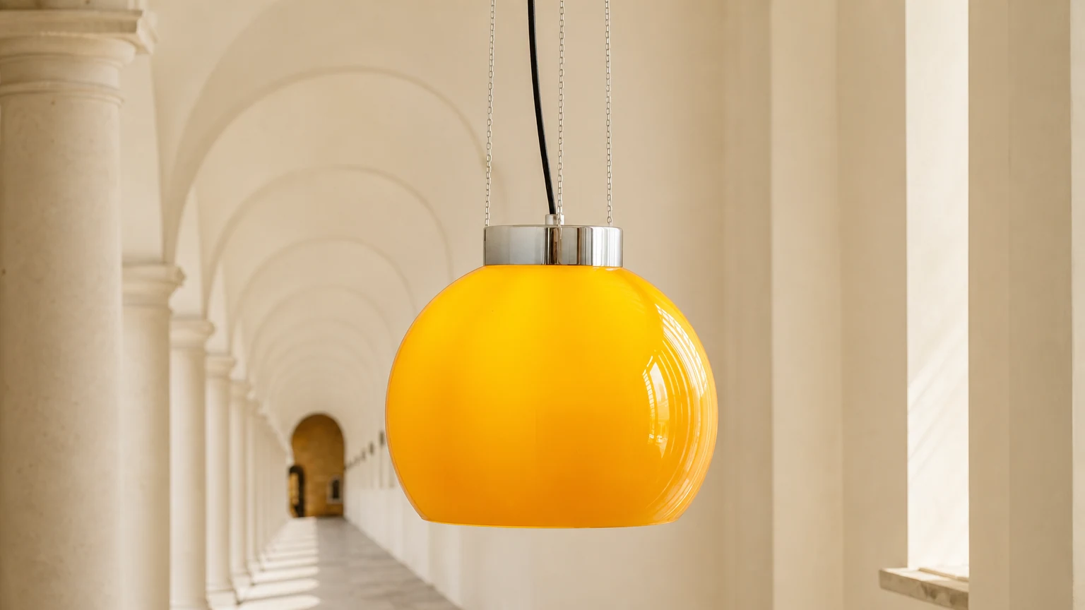 Lampa wisząca vintage Bauhaus z półkulistego szkła w kolorze pomarańczowym, zainstalowana w ciepłym wnętrzu