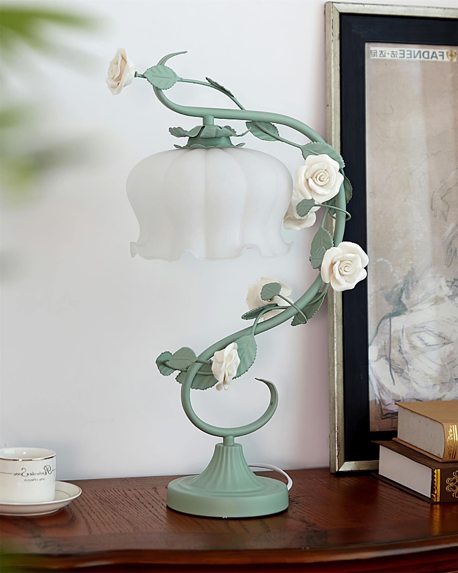 Green Pink White Rose Flower Table Lamp M209