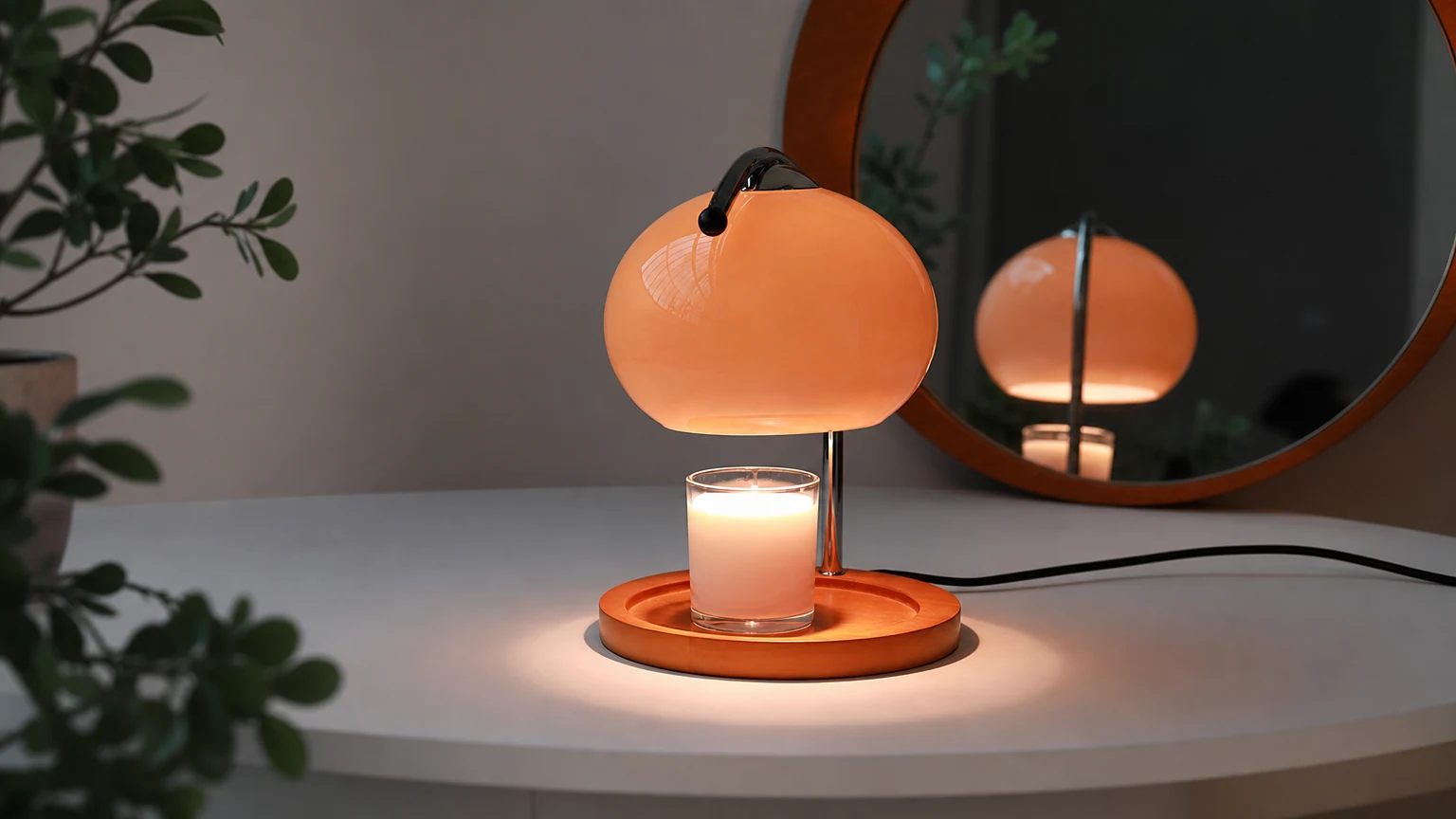 Nowoczesna lampa stołowa ze szkła Bauhaus z podgrzewaczem świec w ciepłej scenie na blacie