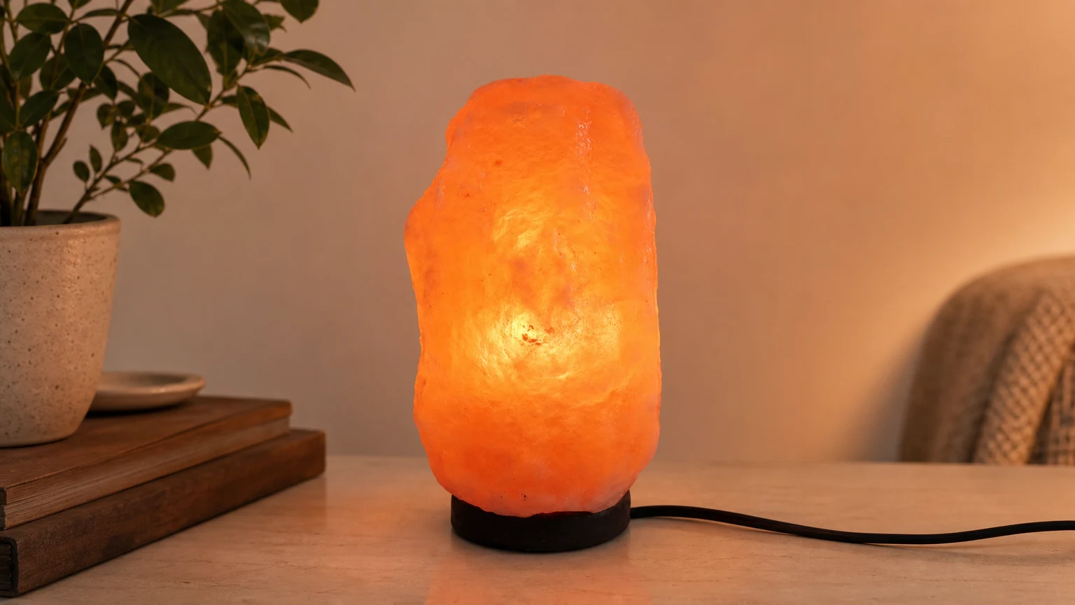 Lámpara de mesa de sal del Himalaya que brilla sobre una mesa cálida.