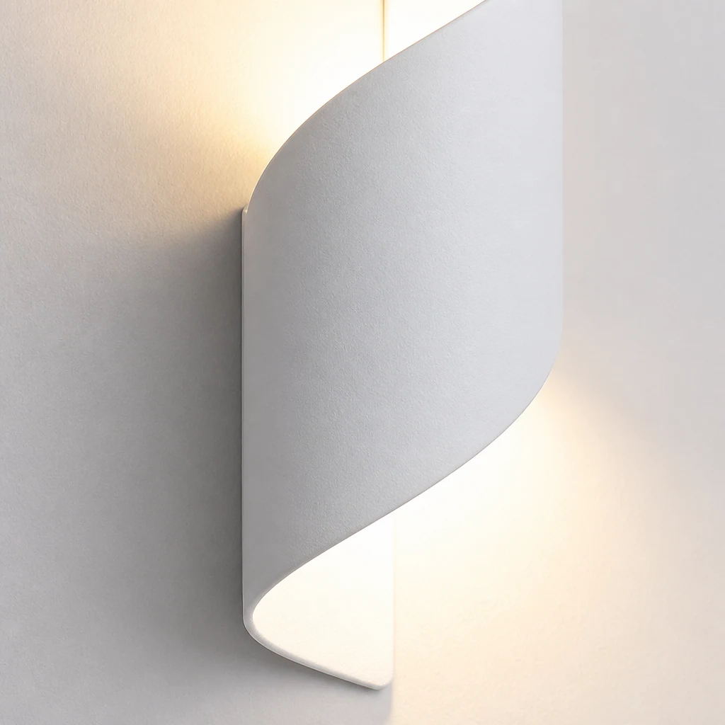 Zbliżenie na kinkiet LED Modern Curl Twisted M137 z wykończeniem i zwiniętym korpusem
