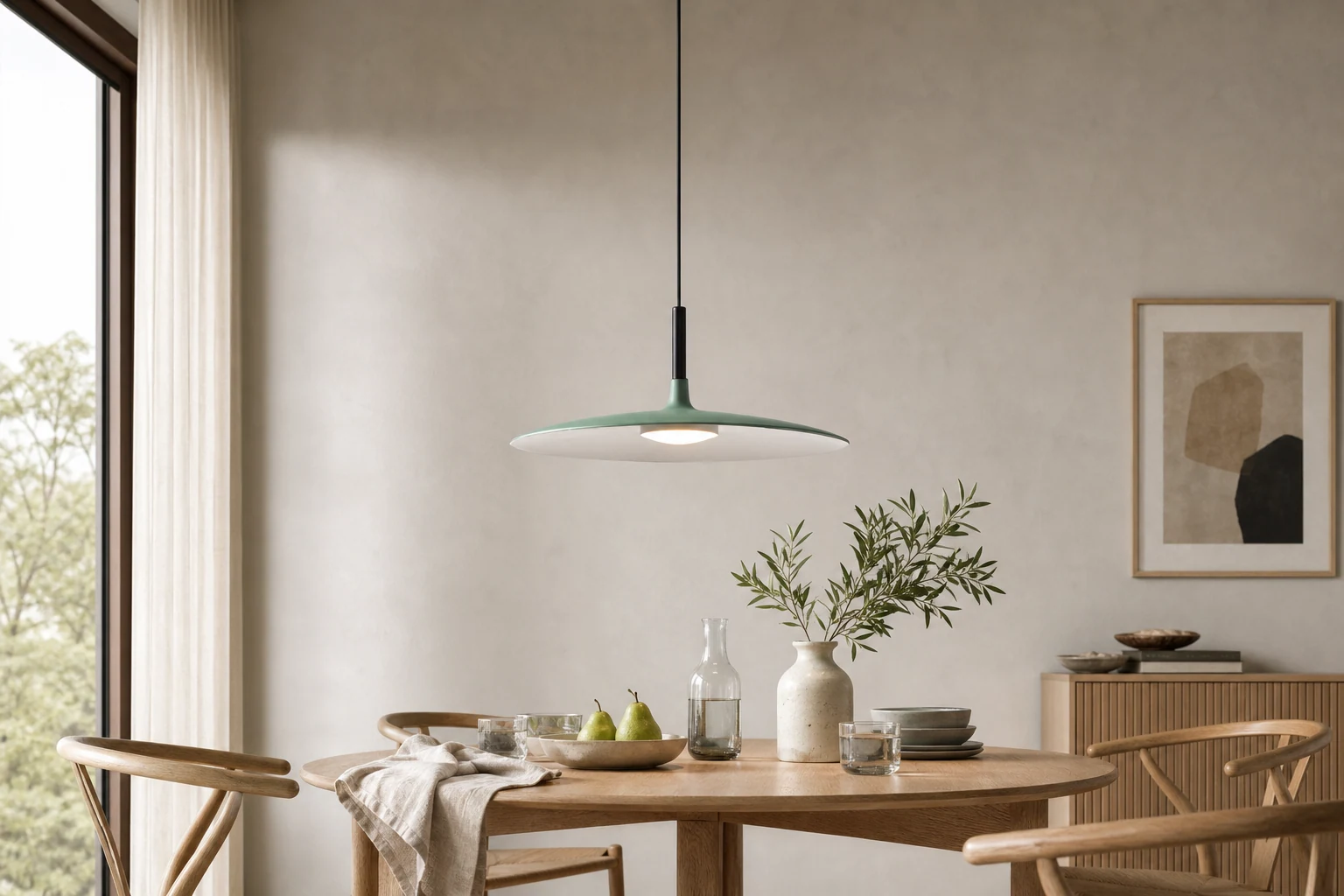 Scena w stylu lifestylowym ze stożkową lampą wiszącą LED