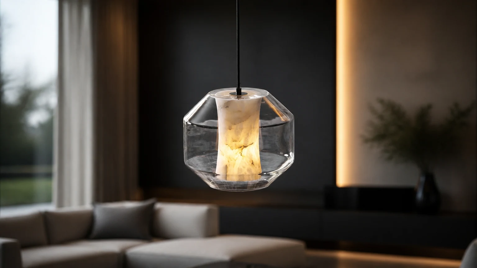 Szklana alabastrowa lampa wisząca D444 pokazana w ciepłej scenerii wnętrza