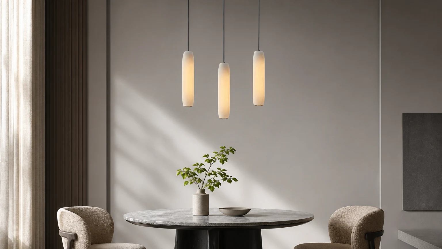 Alabastrowa lampa wisząca z fletem D436 w ciepłym wnętrzu
