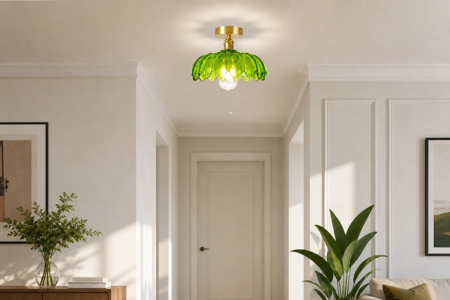 Retro taklampa i glas med kronblad i en livsstilsmiljö