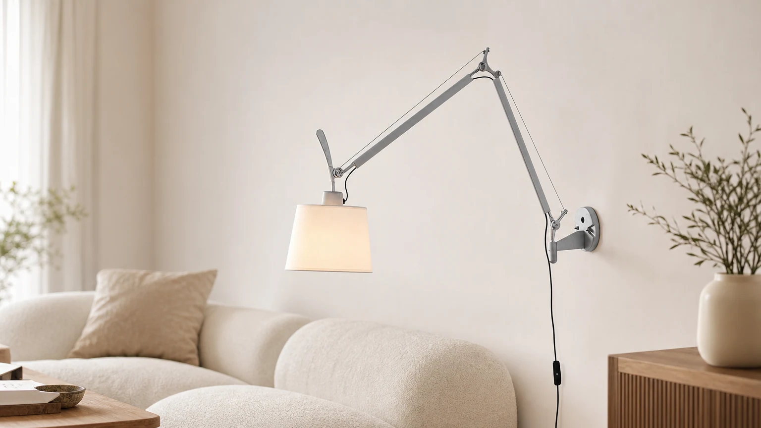 Artemide Plug-in Kinkiet D715 zamontowany w spokojnym wnętrzu