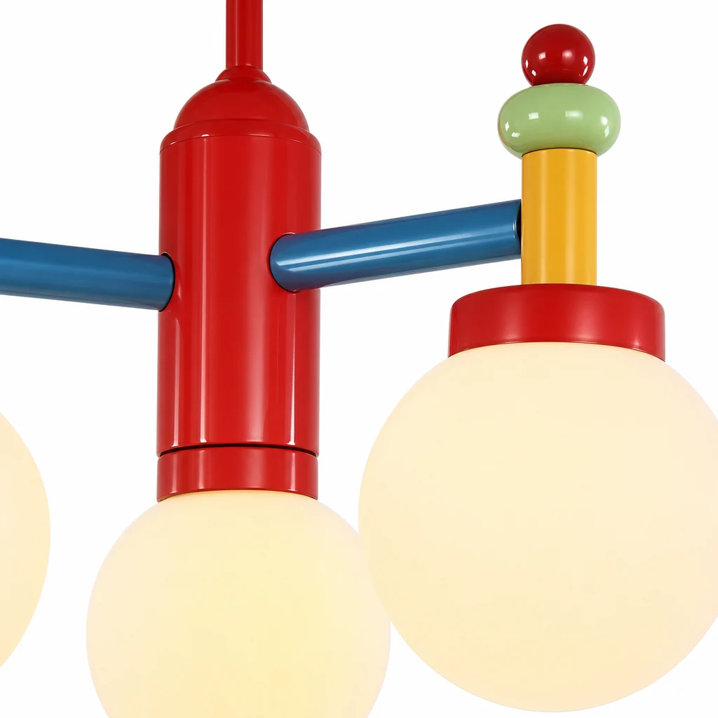 Close-up detail of the Macaron Chandelier globes and colorful metal construction