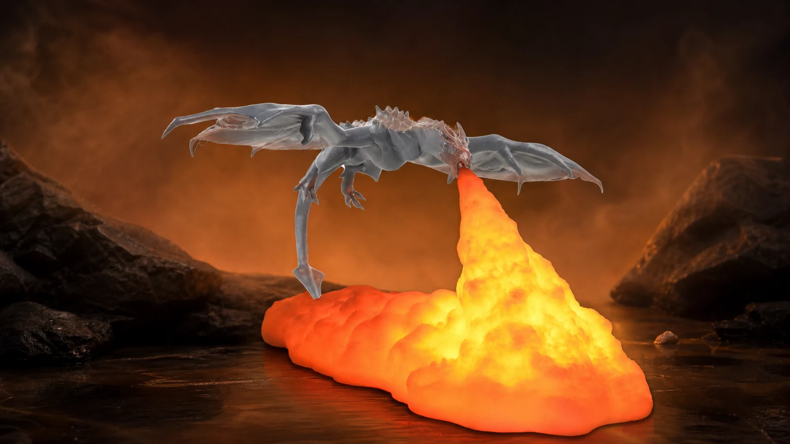 Kreativ 3D-printet fly-ilddrage-bordlampe M99 i en dramatisk fantasy-bordscene