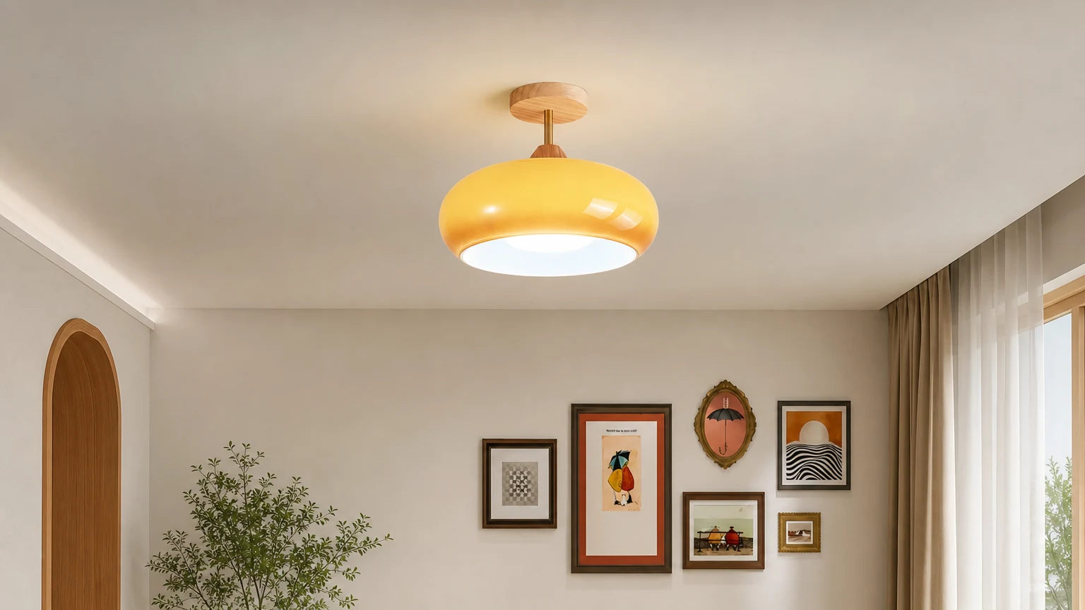 Szklana lampa sufitowa Retro Bauhaus S84 zainstalowana w ciepłej scenerii wnętrza