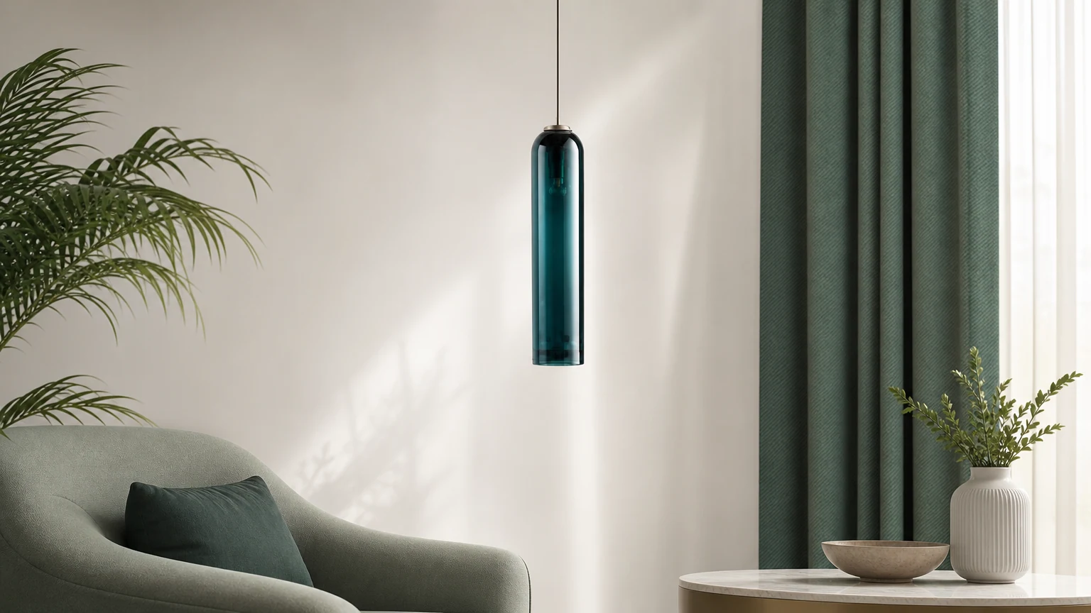Cylindryczna lampa wisząca z dmuchanego szkła float w aranżacji wnętrza