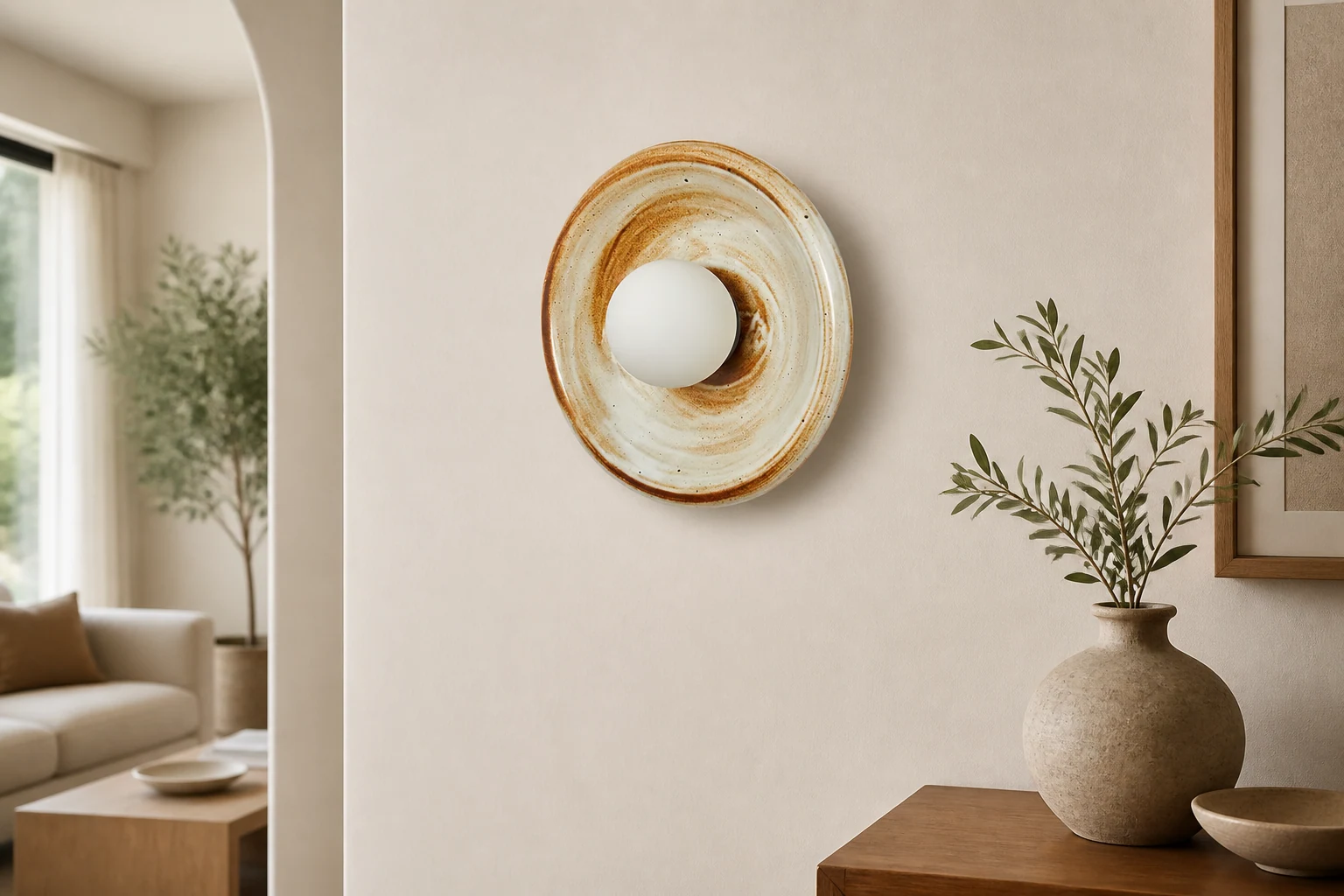 Okrągły ceramiczny kinkiet szynowy M223 pokazany w scenie życia w kontekście produktu
