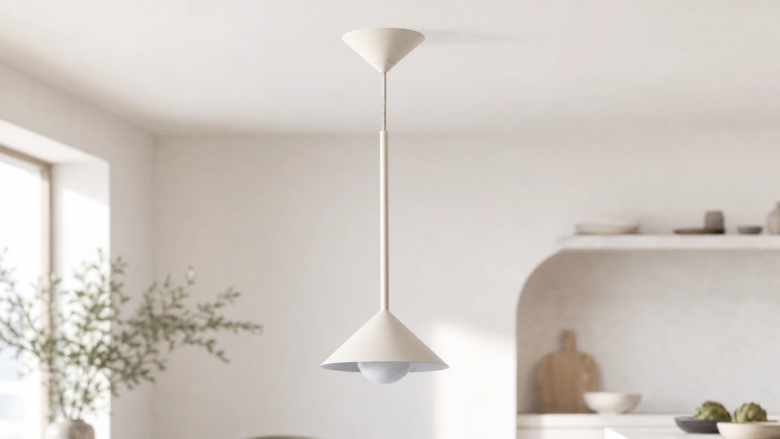 Lampa wisząca Brivana z regulowanym stożkowym kloszem w jadalni w kuchni