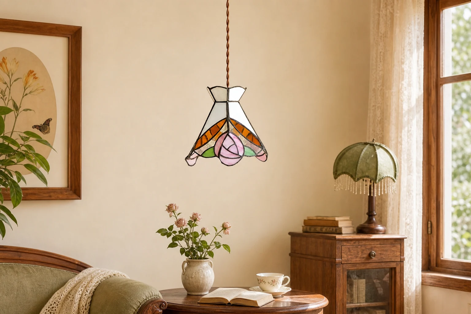 Francuska lampa wisząca w stylu retro w kształcie róży, stylizowana na scenę wewnętrzną