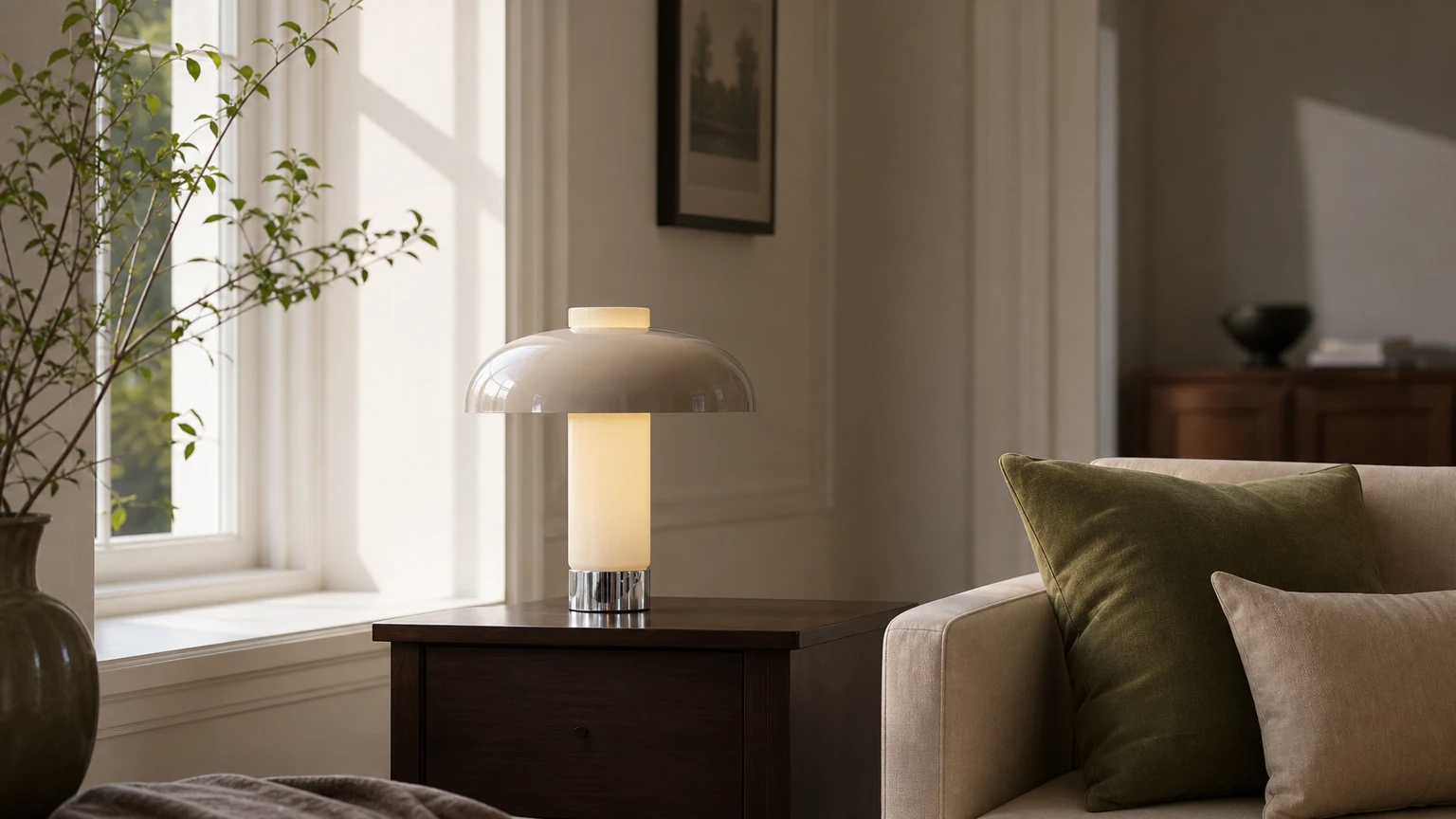 Zakrzywiona lampa akcentująca Nera świecąca w organicznym, nowoczesnym pomieszczeniu
