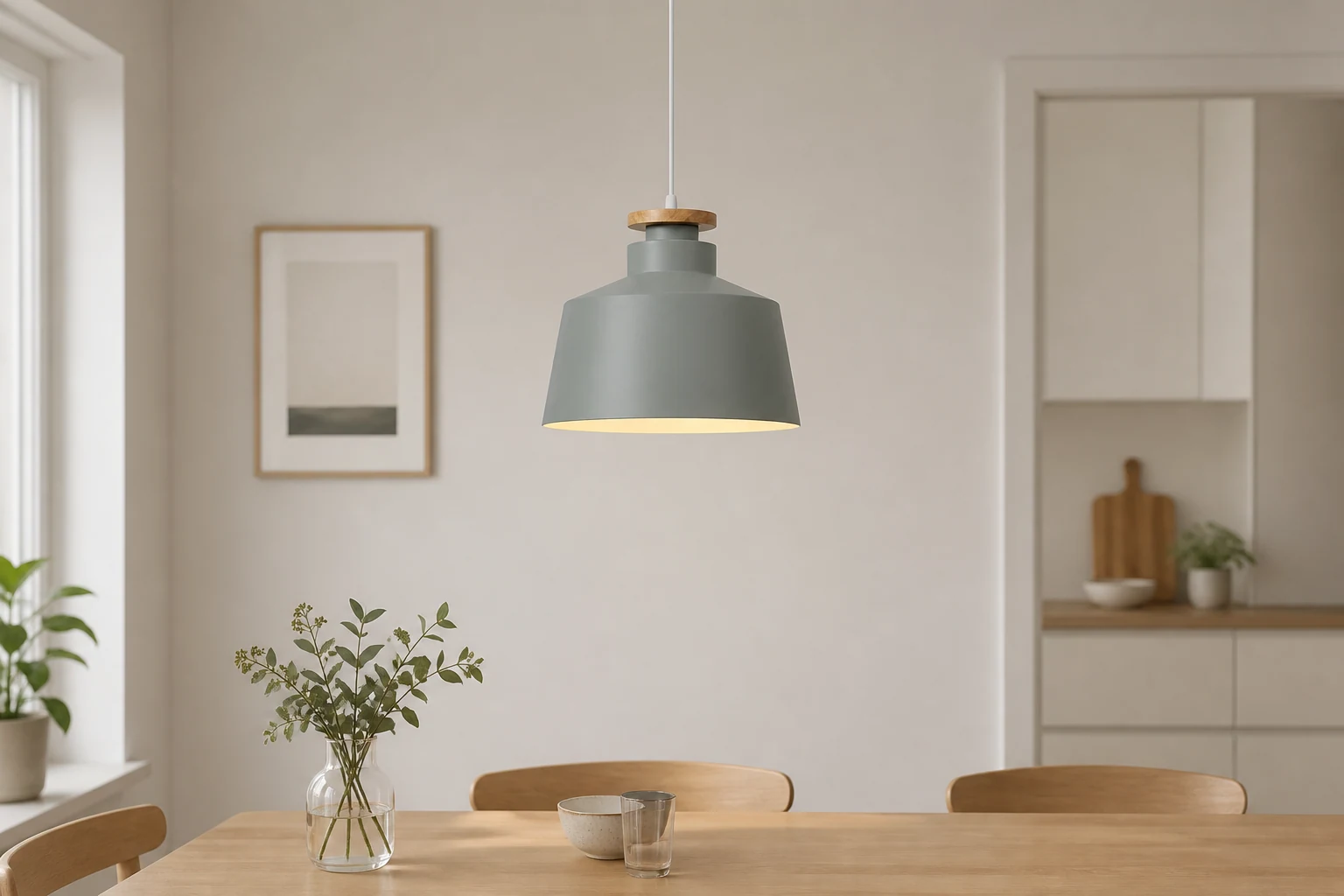 Lampada a sospensione angolare in stile scandinavo in una scena di arredamento d'interni.
