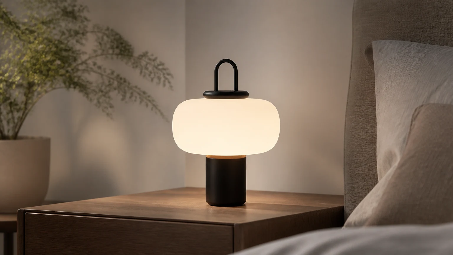 Nordic Creative Bärbar Nattduksbordslampa M448 i en lugn sängmiljö