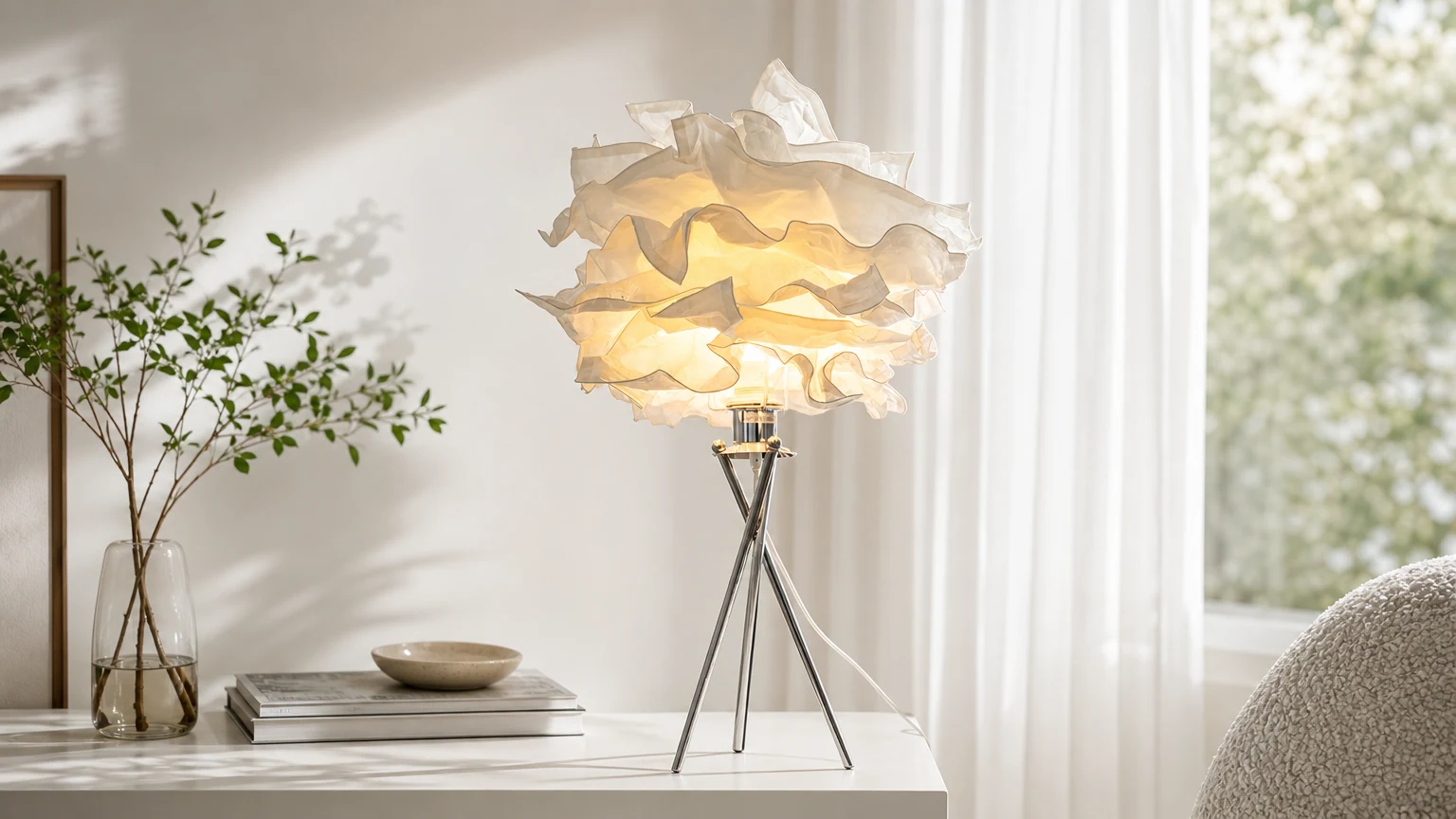 Papierowa lampa stołowa Creative Cloud S162 w ciepłym wnętrzu