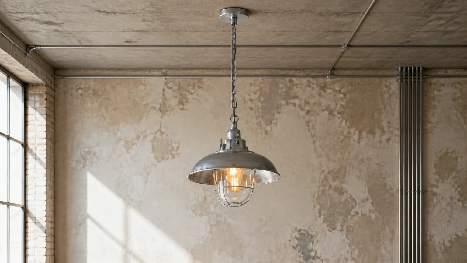 Lampa wisząca grodziowa Cage D629 zainstalowana w industrialnym wnętrzu
