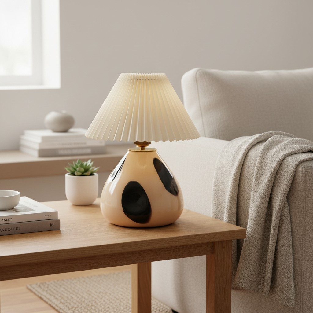 Undara Table Lamp - Pleated Fabric Shade Glass-Base Decorative Lamp for Living Room T591