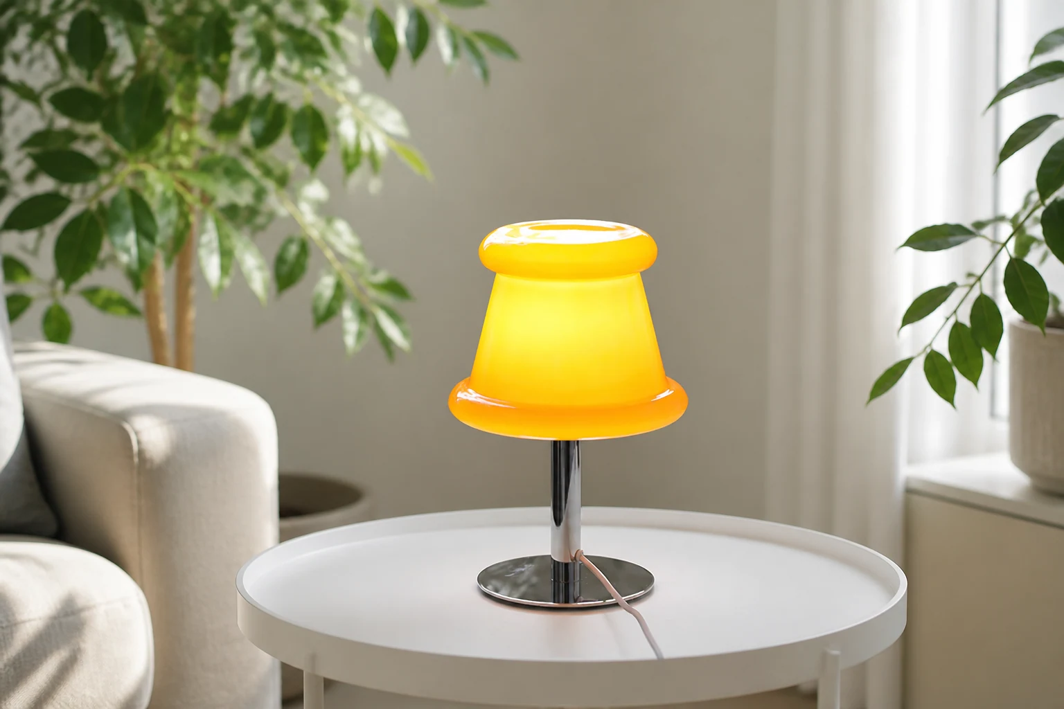 Kreativ uregelmessig sylindrisk bordlampe i en livsstilsscene for bordplater