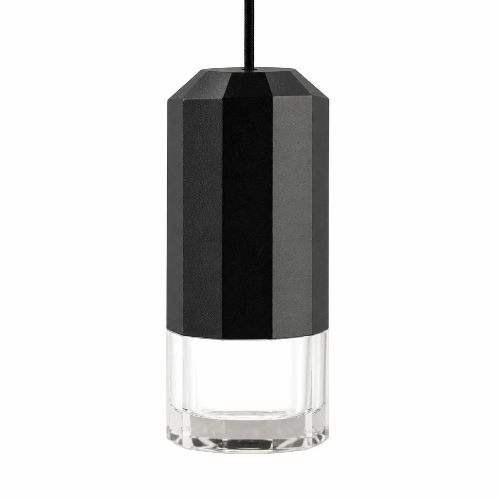 Dettaglio ravvicinato del materiale nero della lampada a sospensione Wireflow e della testa a LED