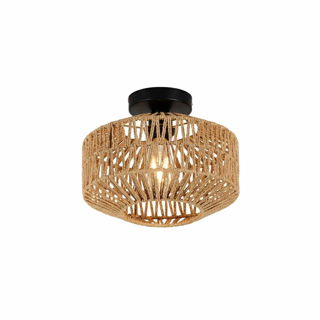 Plafonnier en rotin brun sur fond blanc