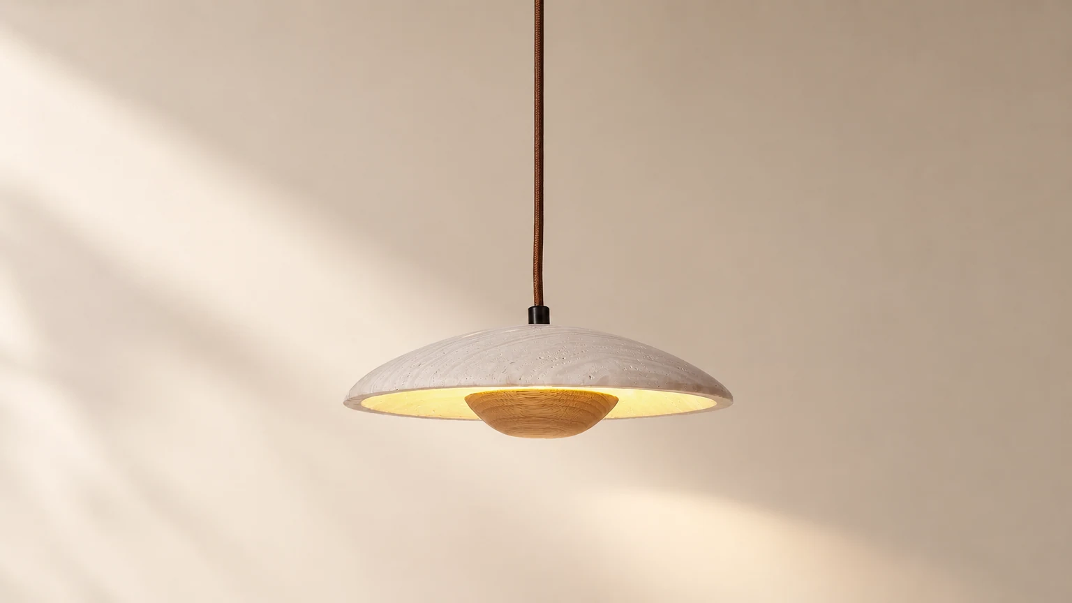 Drewniana lampa wisząca M422 w stylu kremowym pokazana w ciepłej scenie wnętrza