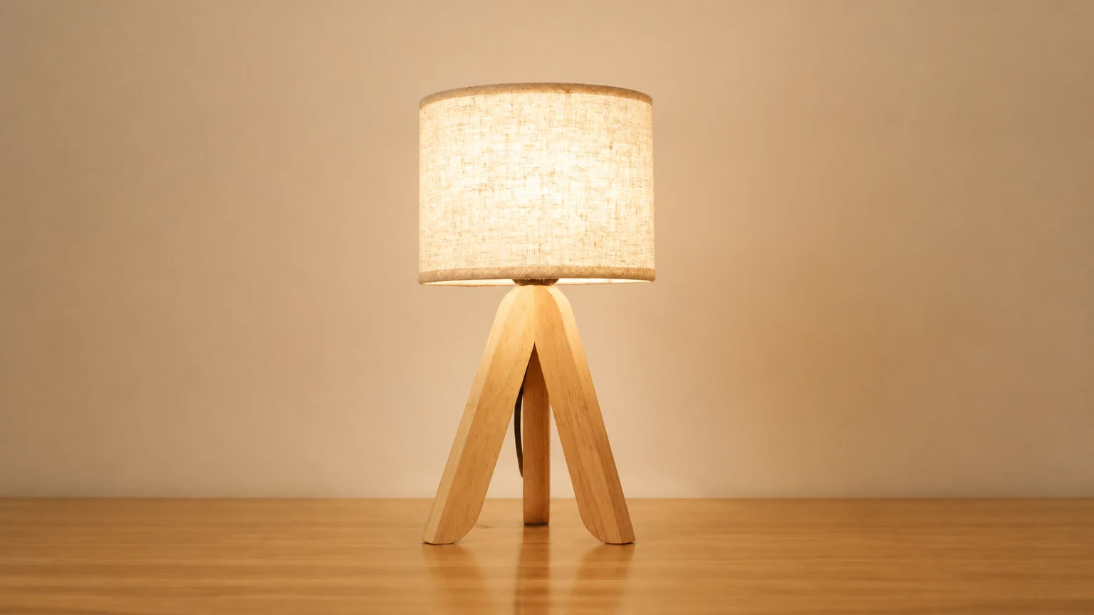 Minimalistisk träbordslampa i en varm sovrumsmiljö