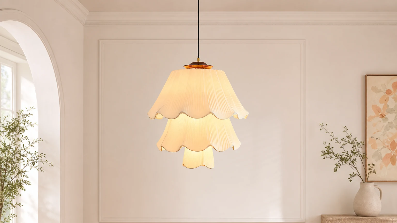 Lampa wisząca Savena D124 pokazana w ciepłej scenie wnętrza