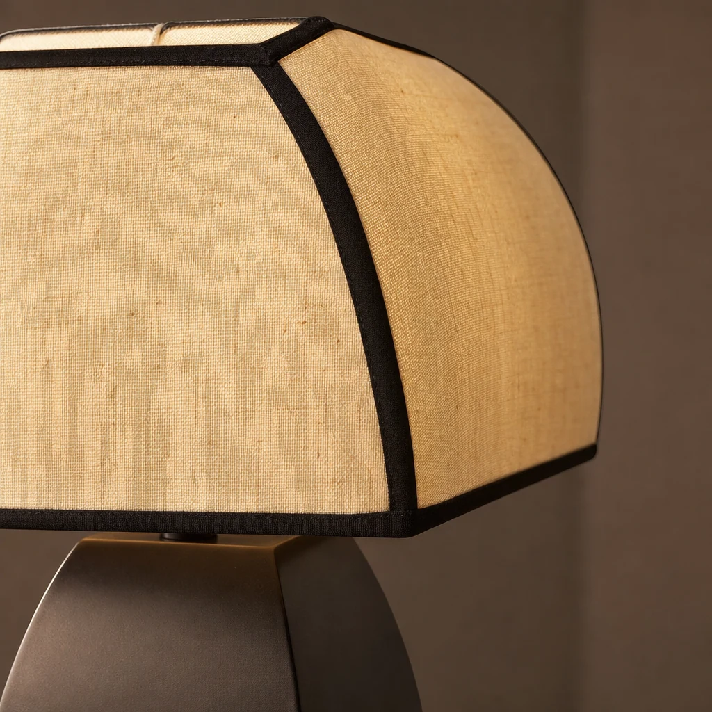 Zbliżenie na czarny klosz z metalu i tkaniny na lampie stołowej Retro Metal Mushroom Fabric M549