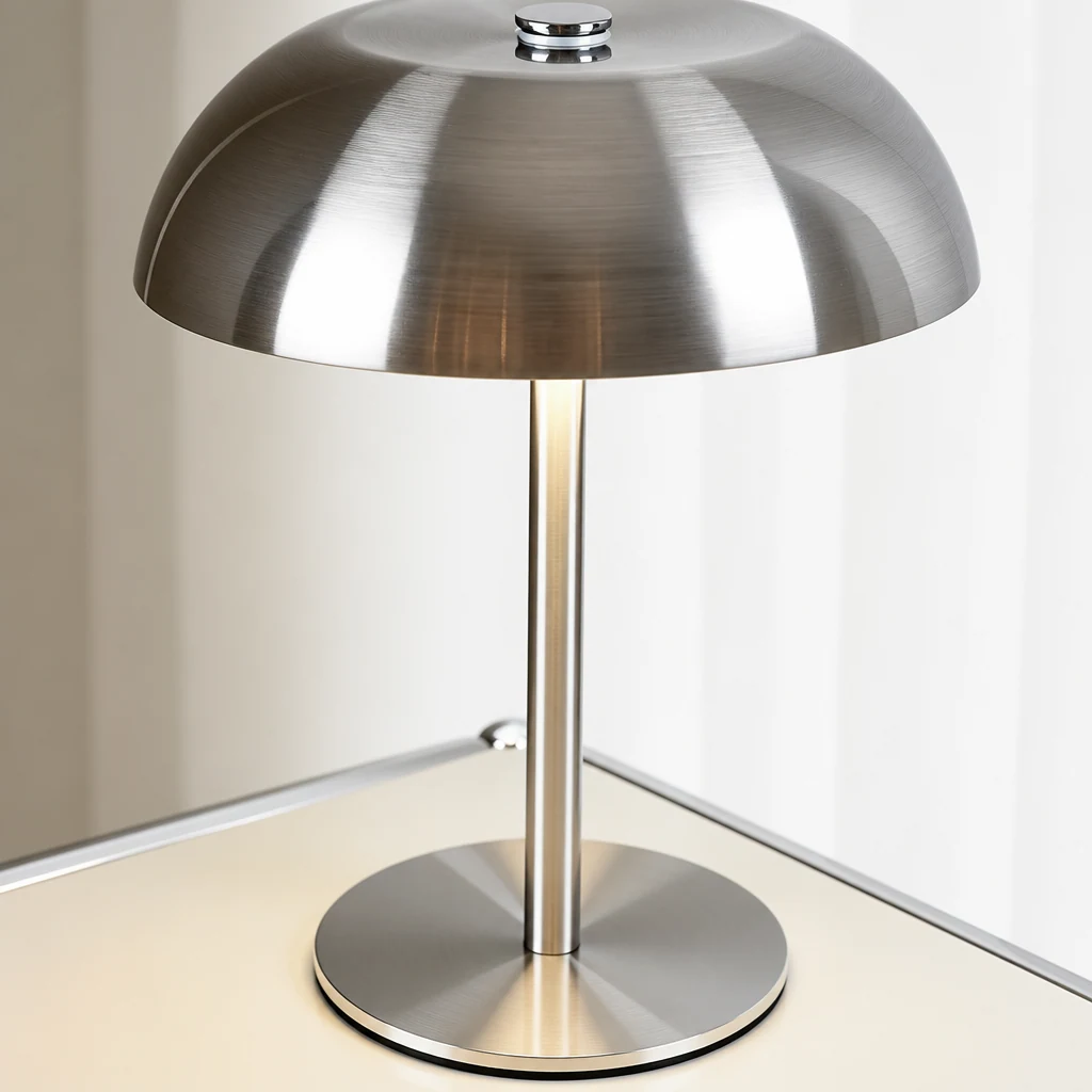 Zbliżenie lampy stołowej Crescent Charge D233 z metalowym wykończeniem