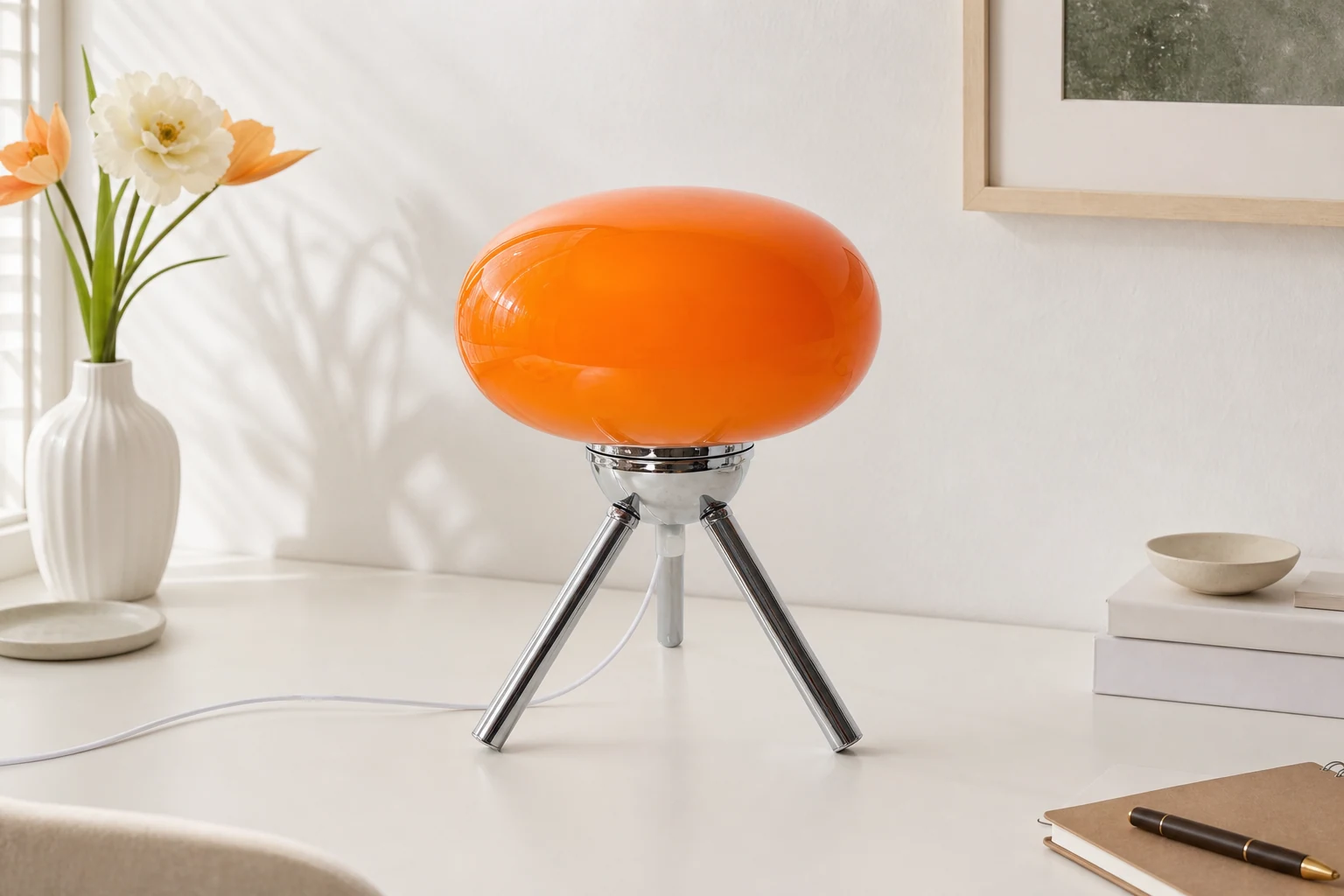 Lampa stołowa ze szklanym statywem Bauhaus w scenie lifestylowej