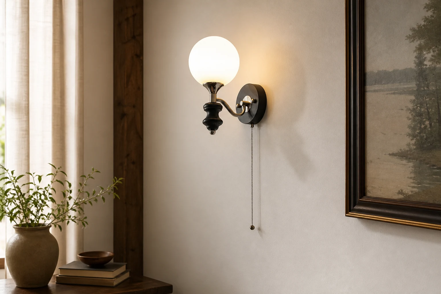 Retro kulista lampa ścienna z sznurkiem w scenie pokoju lifestylowego