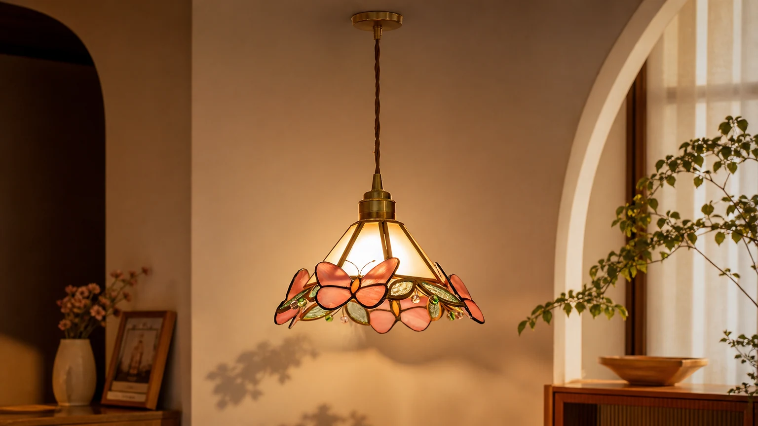 Francuska lampa wisząca w kształcie różowego motyla w stylu retro M219 pokazana jako szklana lampa wisząca w kolorze ciepłego różu we wnętrzu