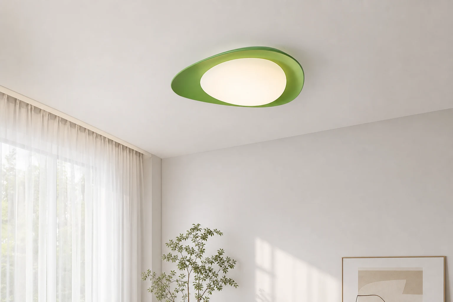 Lampa sufitowa z kloszem w kształcie liścia w scenie wnętrza lifestylowego