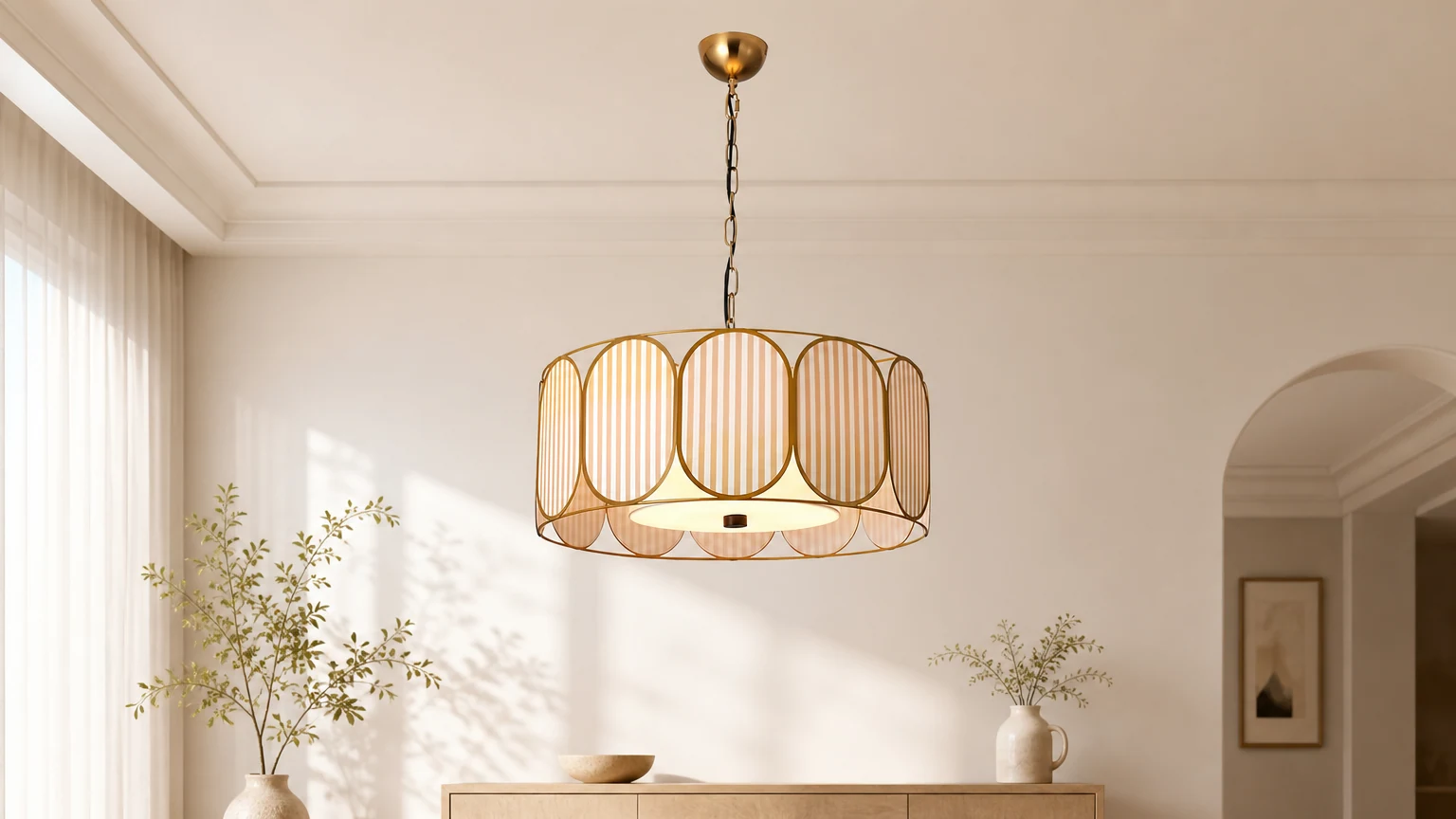 Lampa wisząca Radiance D183 pokazana w ciepłym pomieszczeniu