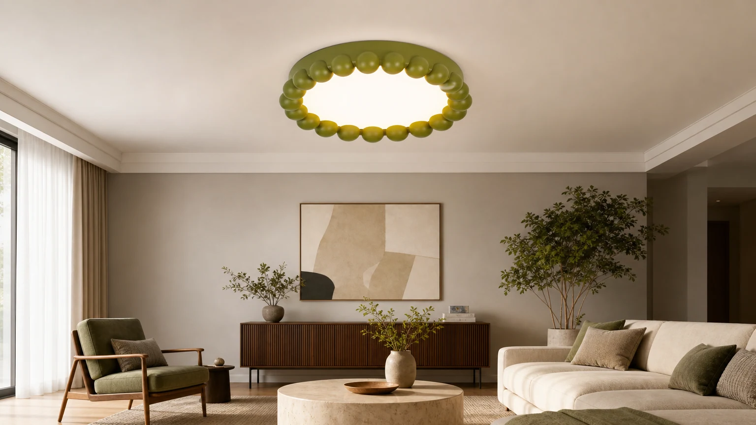 Nowoczesna lampa sufitowa Minori do montażu podtynkowego zainstalowana w spokojnym pomieszczeniu
