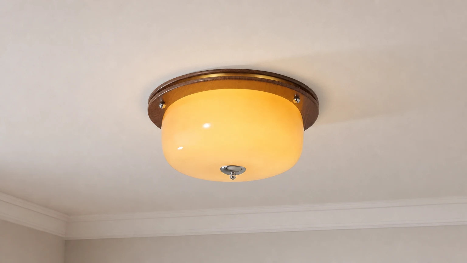 Vintage drewniana szklana lampa sufitowa w kształcie budyniu zainstalowana w ciepłym wnętrzu