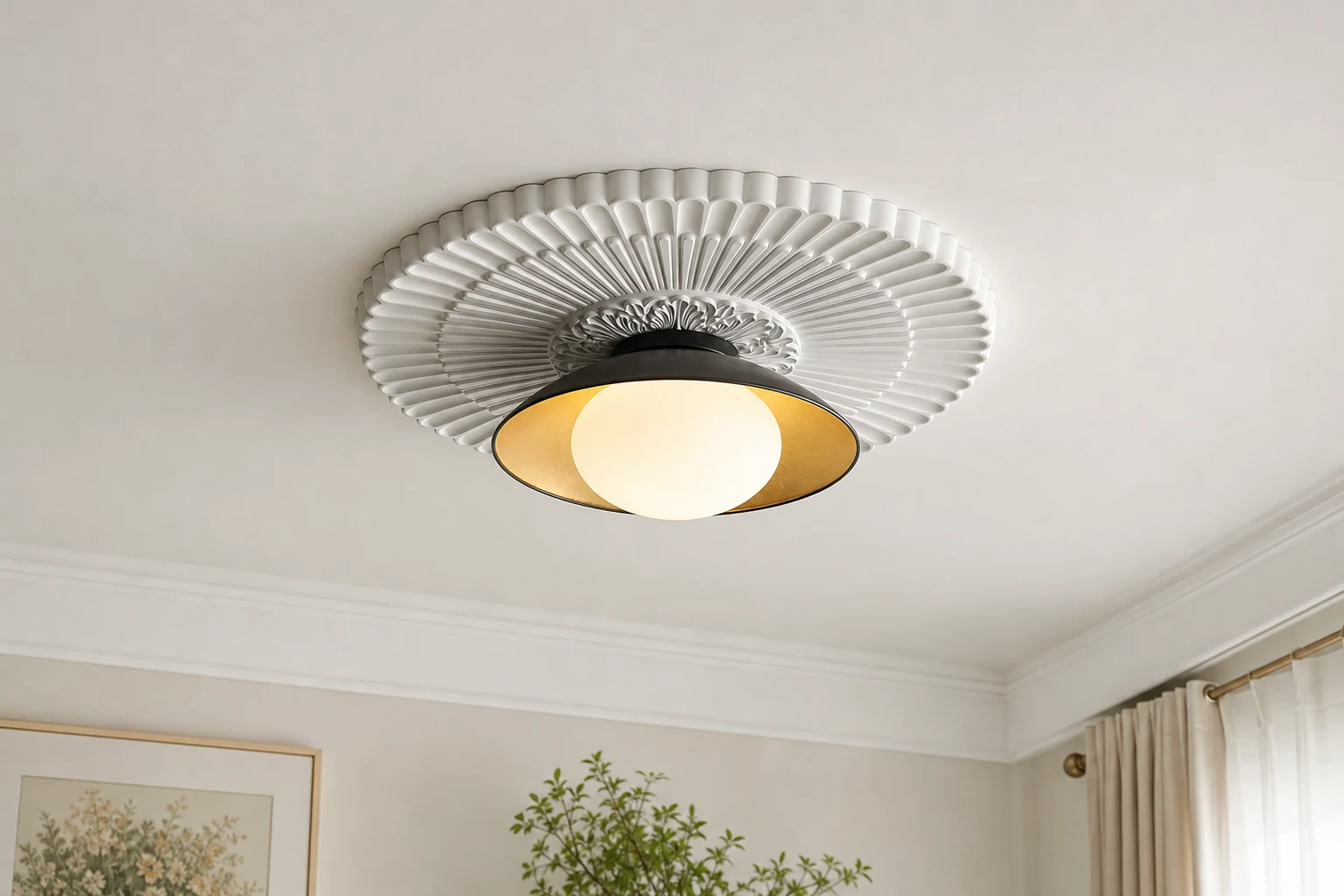 Francuska lampa sufitowa z latającym spodkiem w stylu retro, pokazana w drugiej scenie pokoju lifestylowego