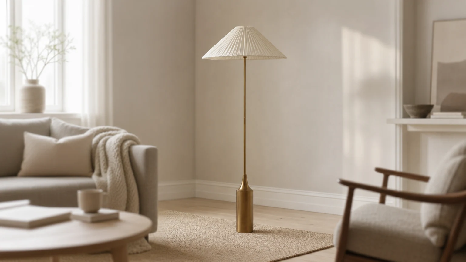 Lindi golvlampa i åldrad mässing och linne i en varm interiörmiljö
