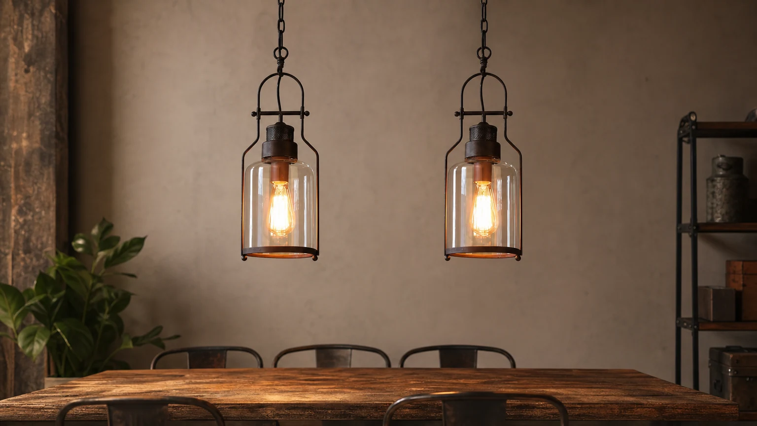 Przemysłowa lampa wisząca ze szkła w stylu vintage z żelaza w poziomej scenie pomieszczenia