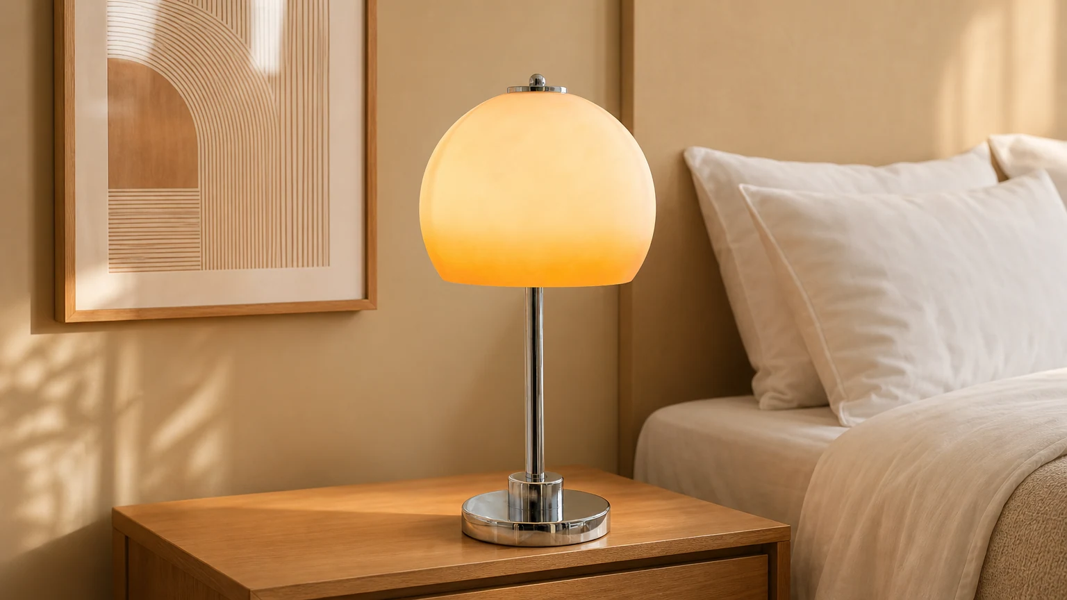 Retro Lampa Stołowa Grzyb M26 w ciepłej scenerii wnętrza