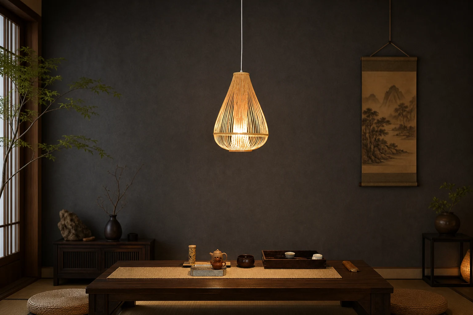 Rattanowa lampa wisząca w scenie pokoju lifestylowego z widocznym całym produktem