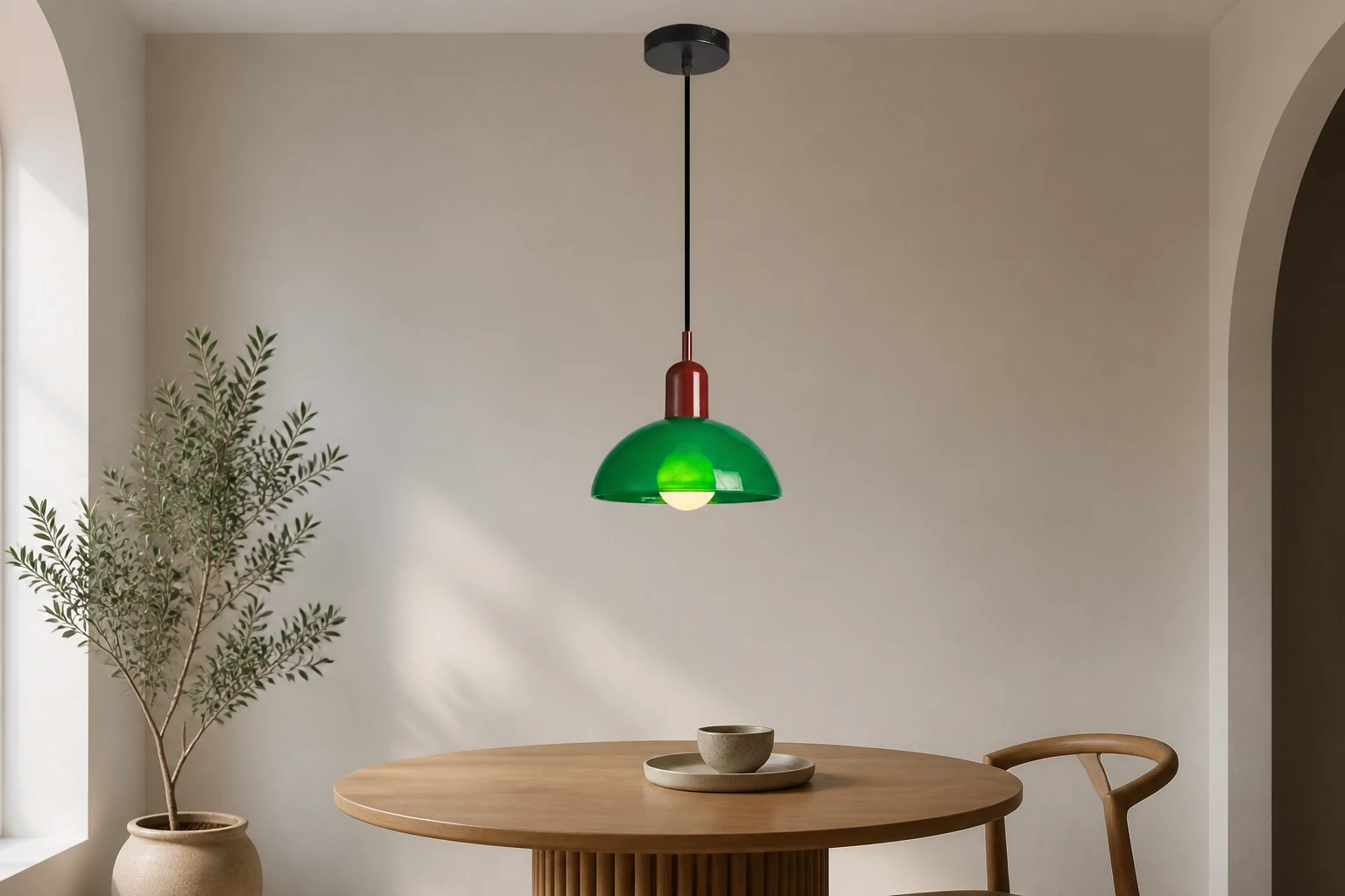 Wisiorek witrażowy Bauhaus pokazany we wnętrzu lifestylowym