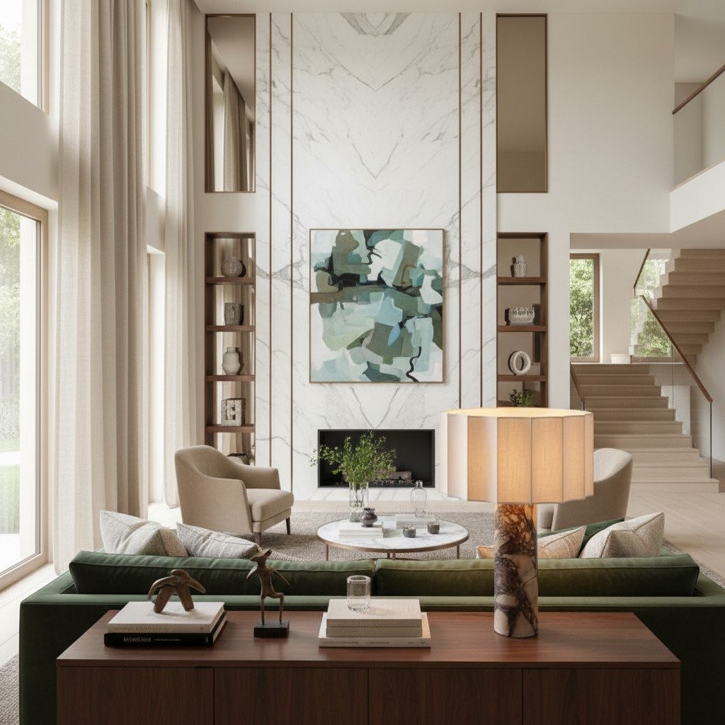 Cavilon Table Lamp with Fan-Shaped Linen Shade - Stone Finishes Suitable for Living Rooms T476