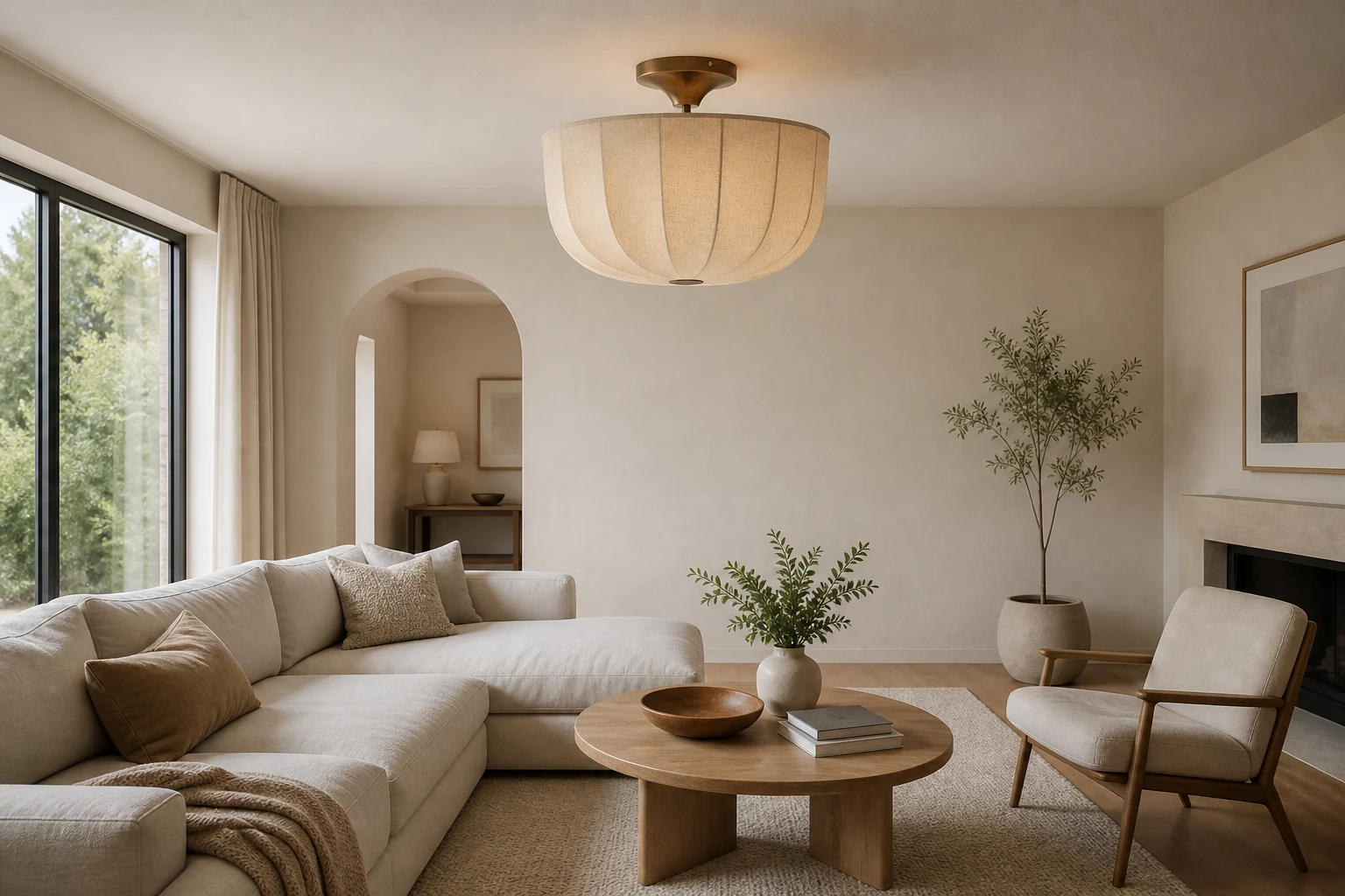 Scena lifestylowa z lnianą lampą sufitową Loomis z fakturą